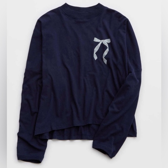 Aerie Cozy Long Sleeve Mock-neck T-shirt in Navy, size XS - Picture 2 of 11